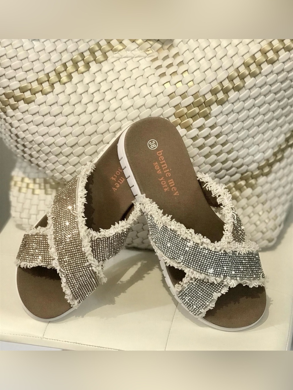Bernie Mev Shimmery Silver and Frayed Cream Wedge Heel Sandals
